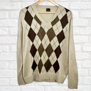 100% Wool Retro Argyle Sweater-Beige Brown-Small